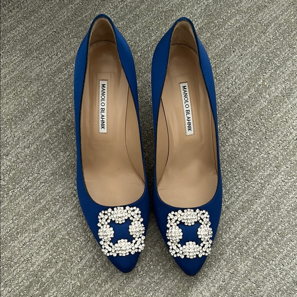 Manolo Blahnik Blue Heels with Embellished Buckle